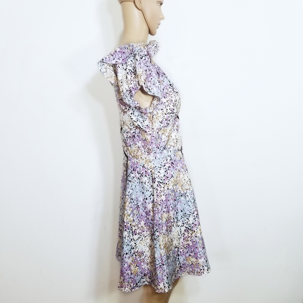 Bebe Abstract Floral Ruffle Open Back Dress Large - Picture 5 of 7